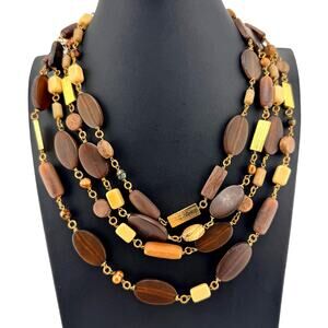 Vintage Tanner Boho MCM Earth Tone Beads Layered Gold Tone 20" Necklace